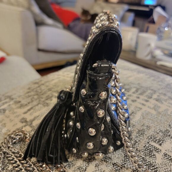 SR Squared Sondra Roberts Silver Studded Black Shiny Shoulder Bag with Tassel - Picture 6 of 9